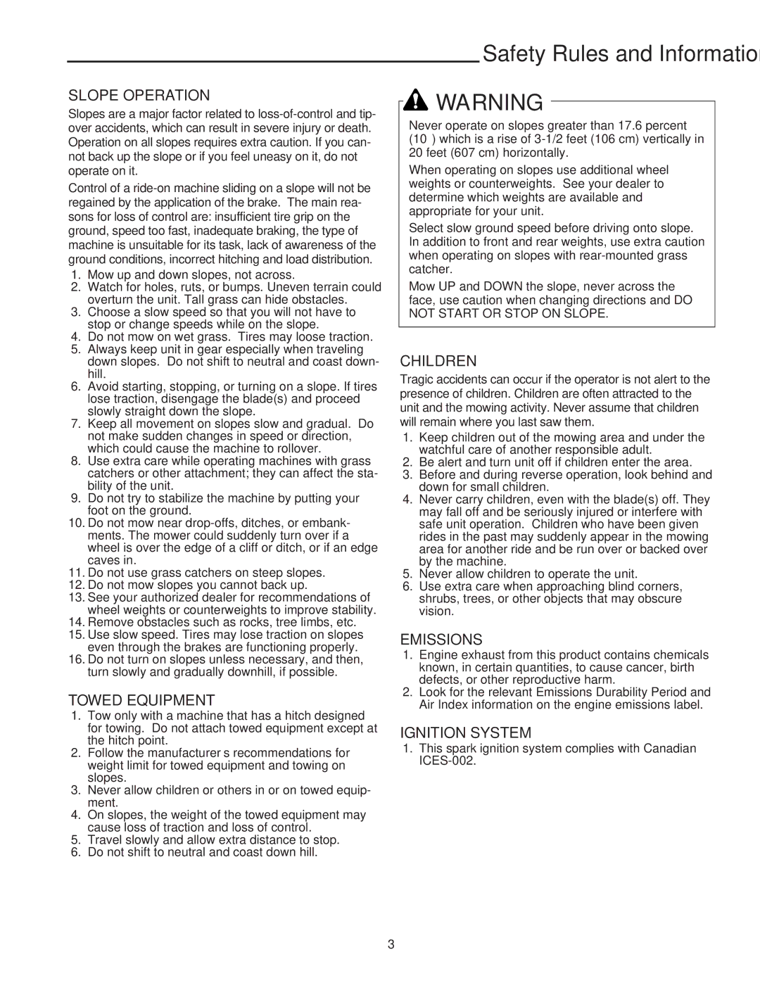 Snapper RT Series manual Safety Rules and Information, Slope Operation 