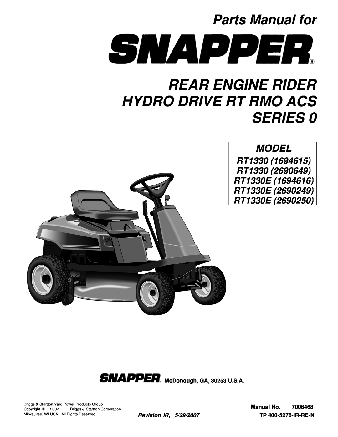 Snapper RT1330E (1694616), RT1330E (2690249) manual Rear Engine Rider Hydro Drive Rt Rmo Acs Series, Parts Manual for 