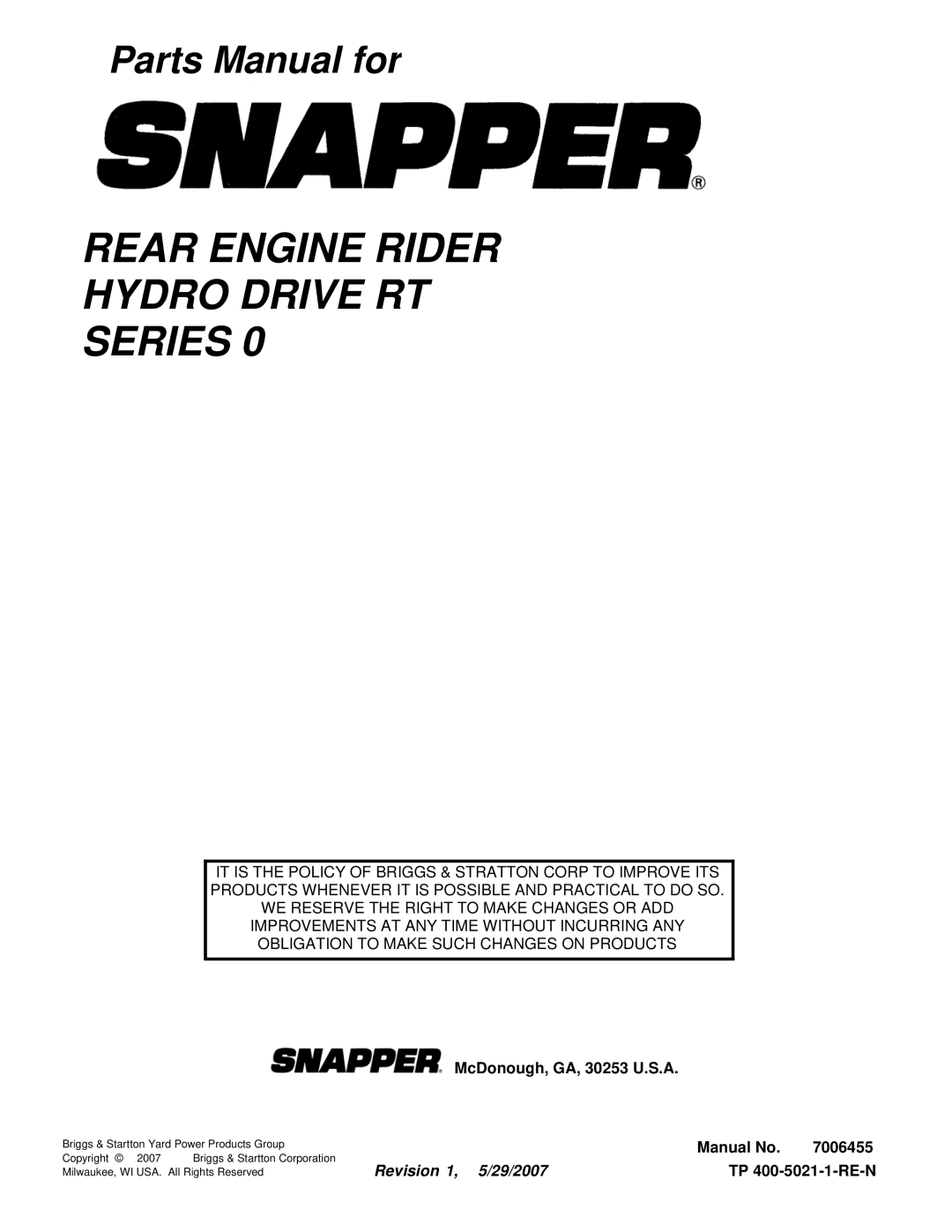 Snapper RT1330E manual Rear Engine Rider Hydro Drive RT Series 