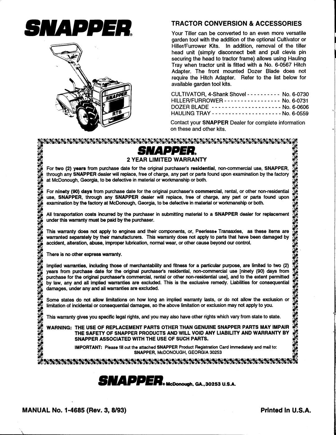 Snapper RT8S manual 