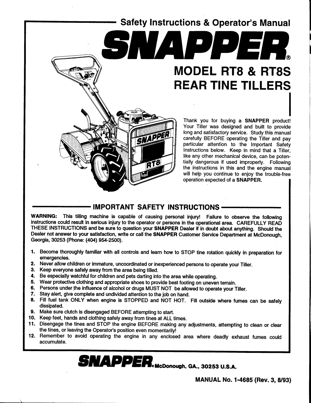 Snapper RT8S manual 