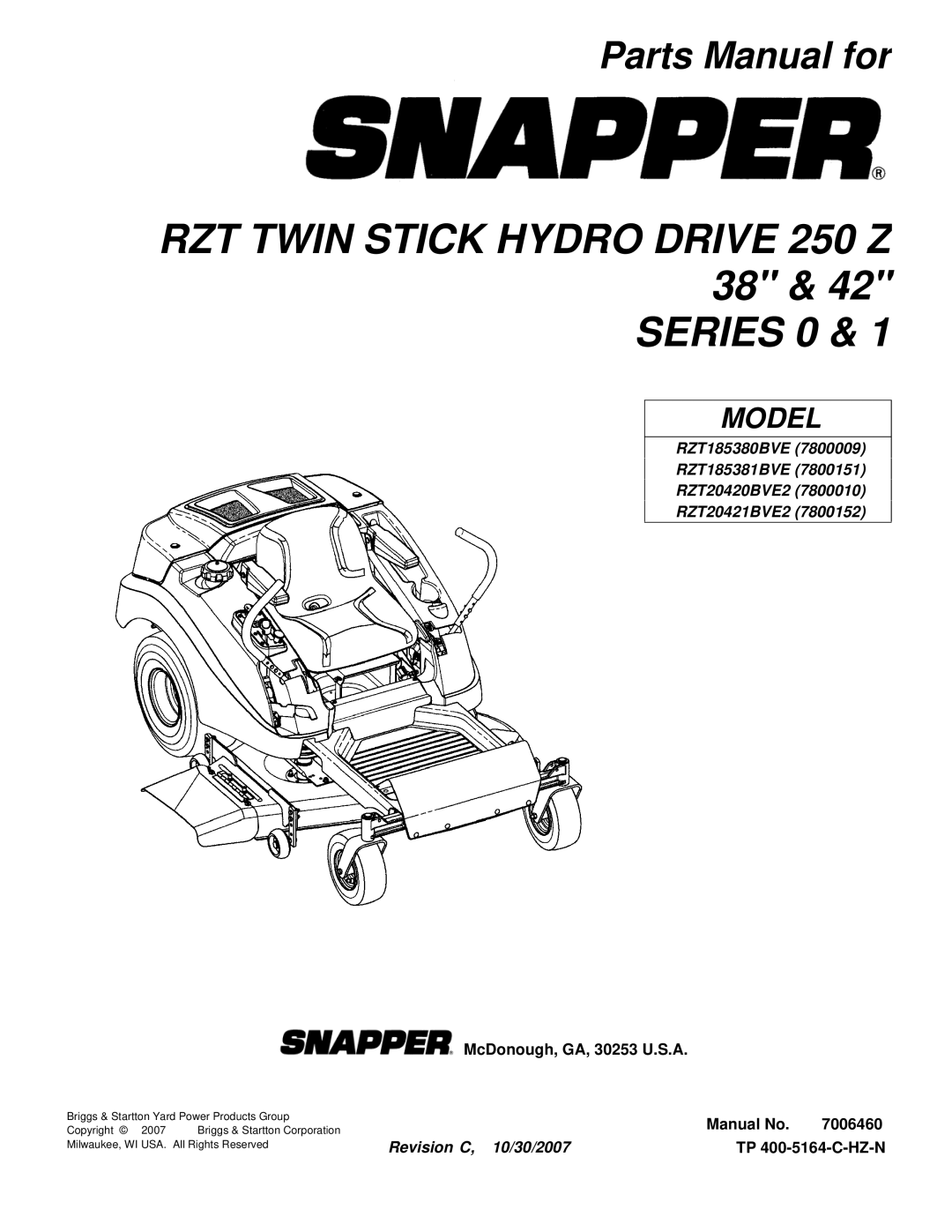 Snapper RZT20421BVE2, RZT185381BVE manual RZT Twin Stick Hydro Drive 250 Z 38 