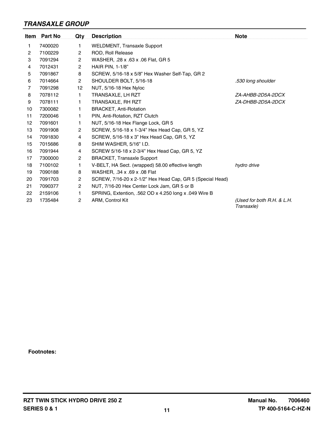 Snapper RZT20421BVE2, RZT185381BVE manual Long shoulder, Hydro drive, Used for both R.H. & L.H, Transaxle 