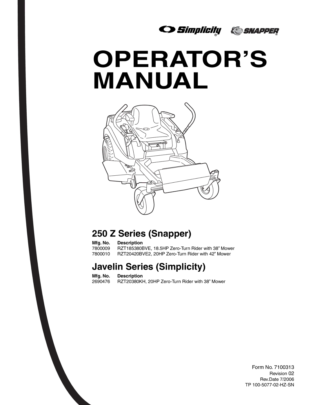 Snapper RZT185380BVE, RZT20380KH, RZT20420BVE2 manual OPERATOR’S Manual 