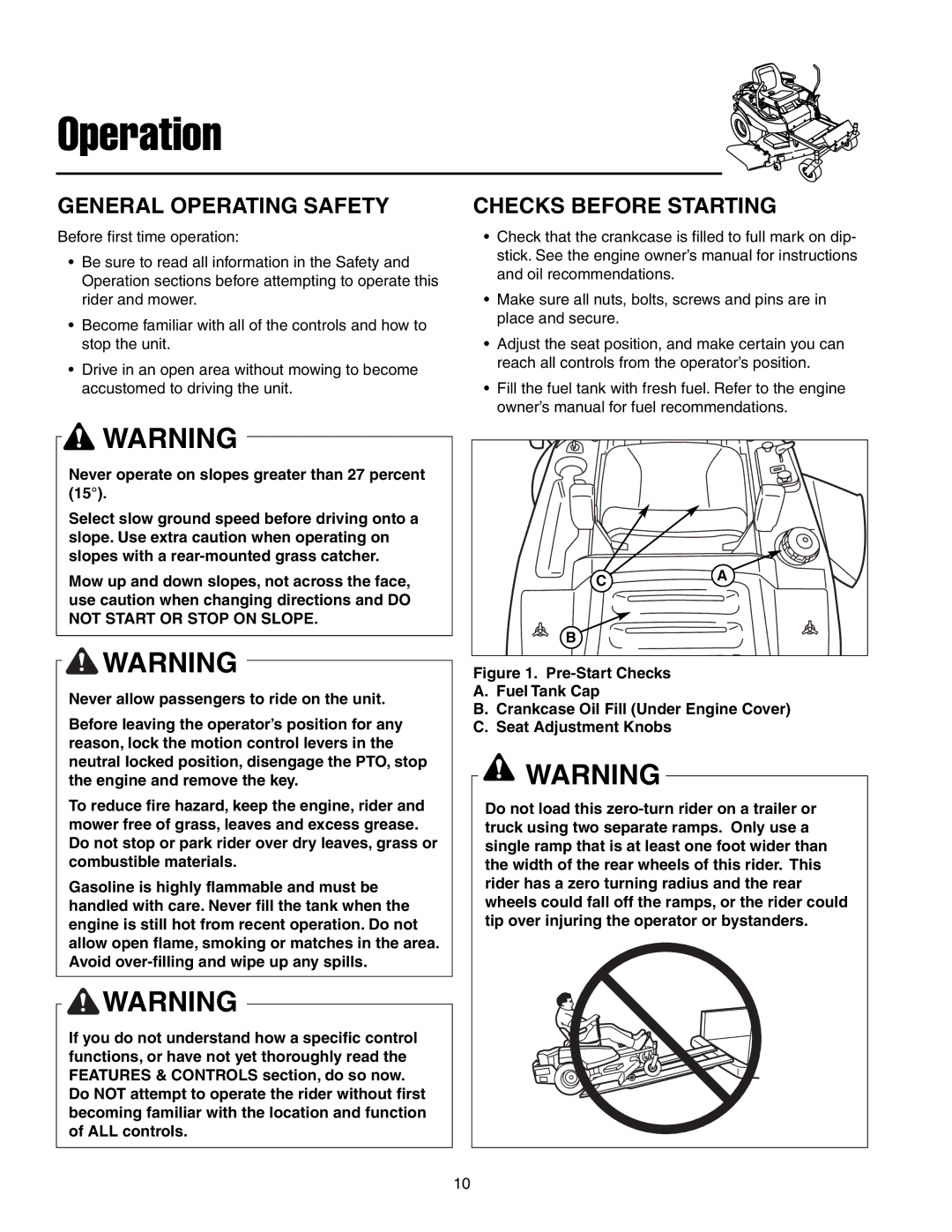 Snapper RZT20420BVE2, RZT20380KH, RZT185380BVE manual General Operating Safety, Checks Before Starting 