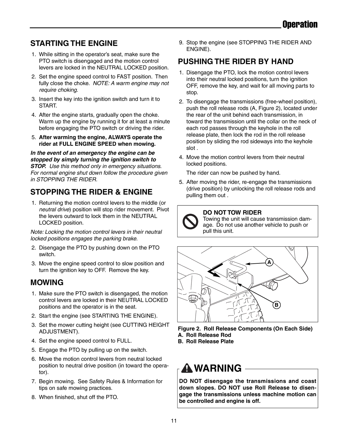 Snapper RZT20380KH manual Operation, Starting the Engine, Stopping the Rider & Engine, Mowing, Pushing the Rider by Hand 