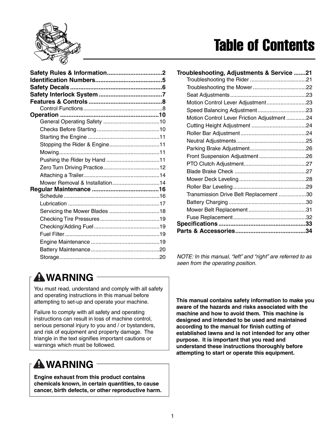 Snapper RZT20420BVE2, RZT20380KH, RZT185380BVE manual Table of Contents 