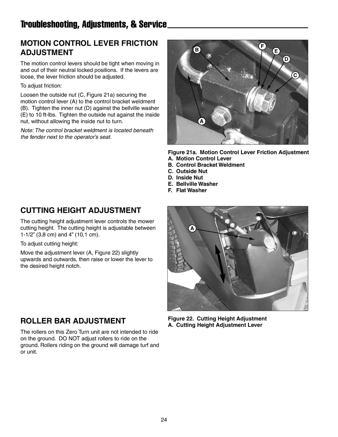 Snapper RZT185380BVE manual Motion Control Lever Friction Adjustment, Cutting Height Adjustment, Roller BAR Adjustment 