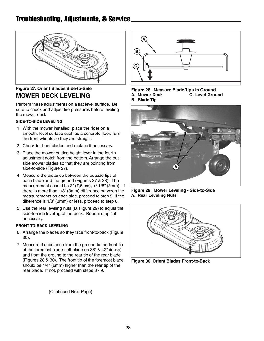 Snapper RZT20420BVE2, RZT20380KH, RZT185380BVE manual Mower Deck Leveling, Orient Blades Side-to-Side 