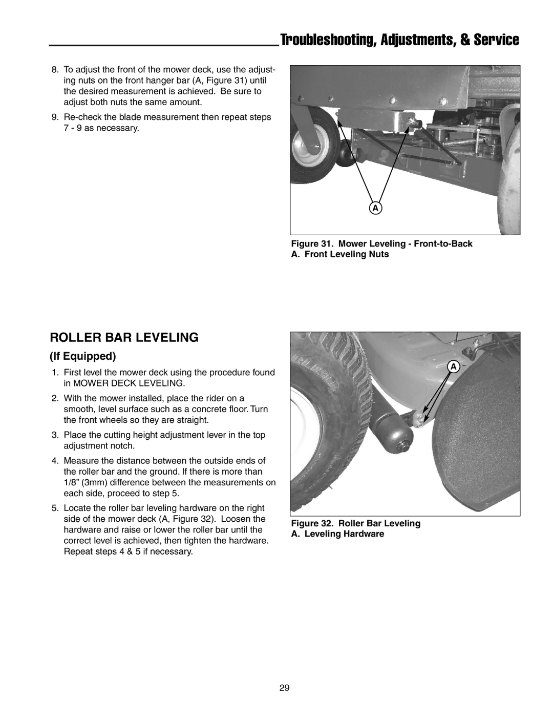 Snapper RZT20380KH, RZT185380BVE, RZT20420BVE2 manual Roller BAR Leveling, If Equipped 