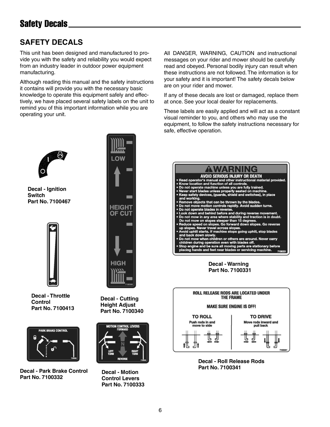 Snapper RZT185380BVE, RZT20380KH, RZT20420BVE2 manual Safety Decals 