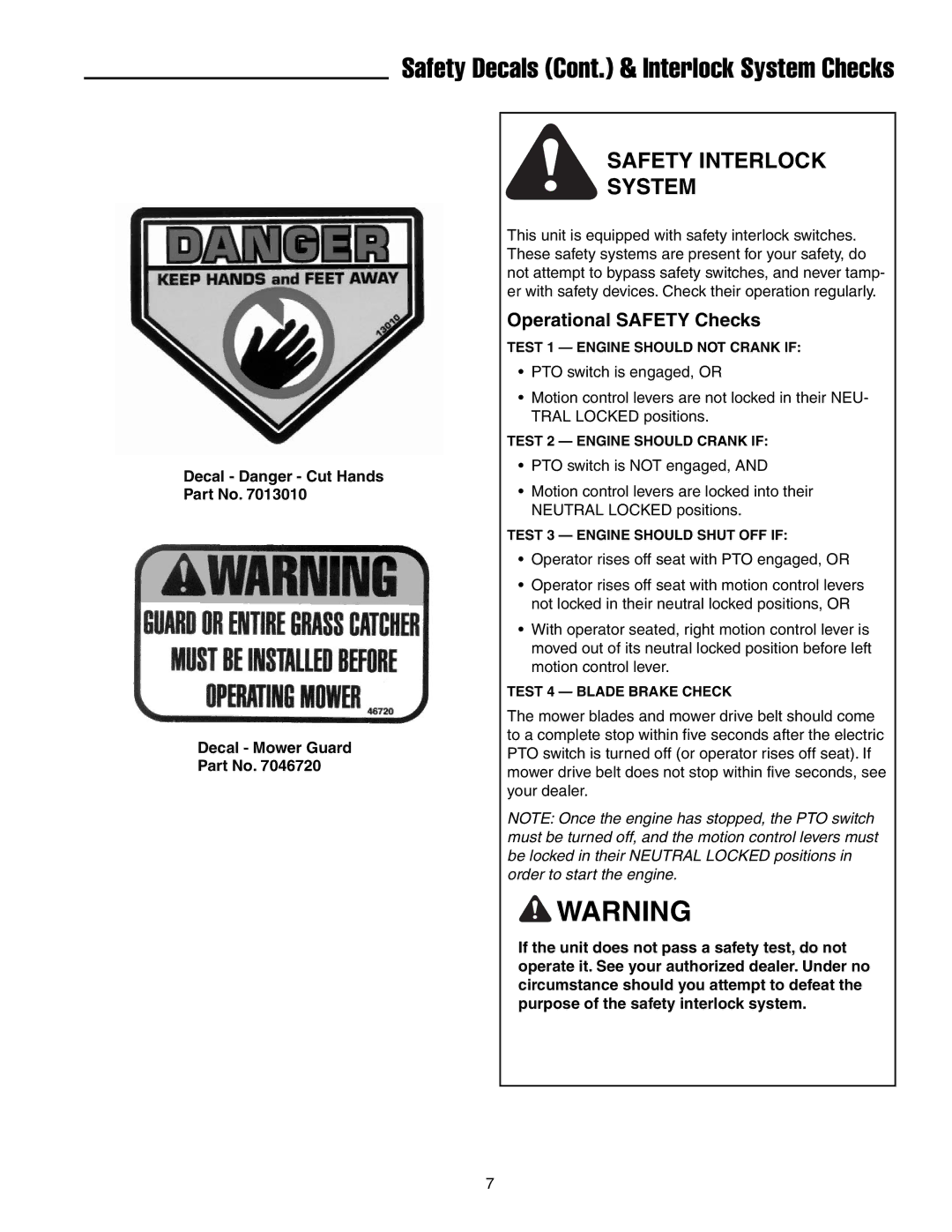 Snapper RZT20420BVE2, RZT20380KH, RZT185380BVE manual Safety Interlock System, Operational Safety Checks 