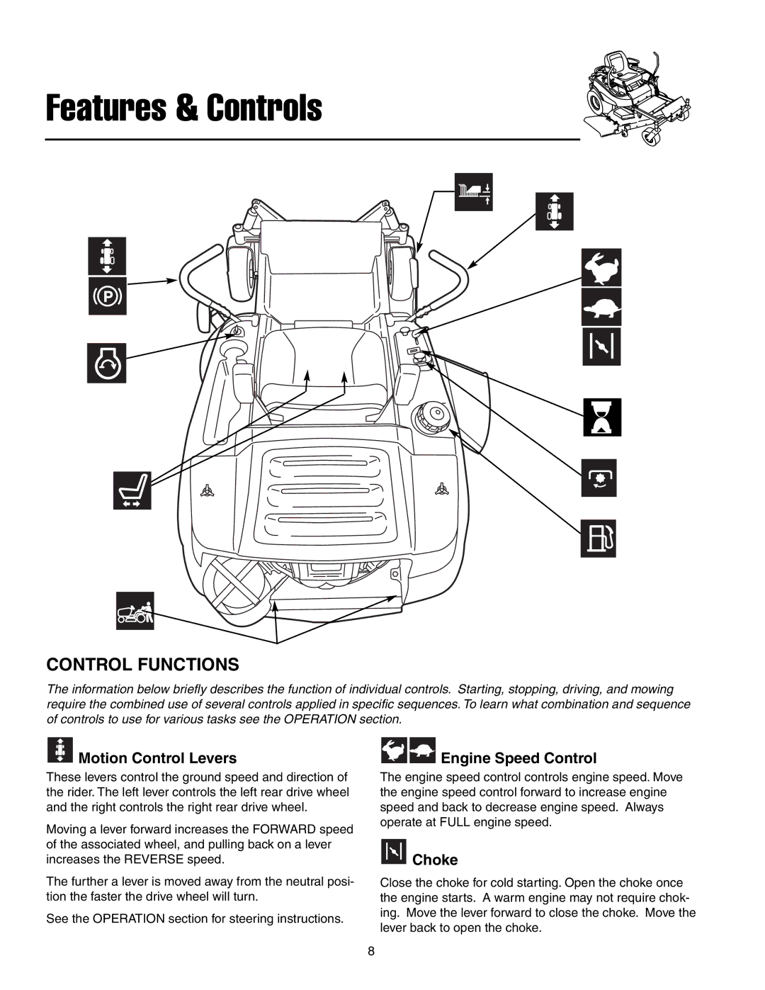 Snapper RZT20380KH, RZT185380BVE, RZT20420BVE2 manual Control Functions, Motion Control Levers, Choke 