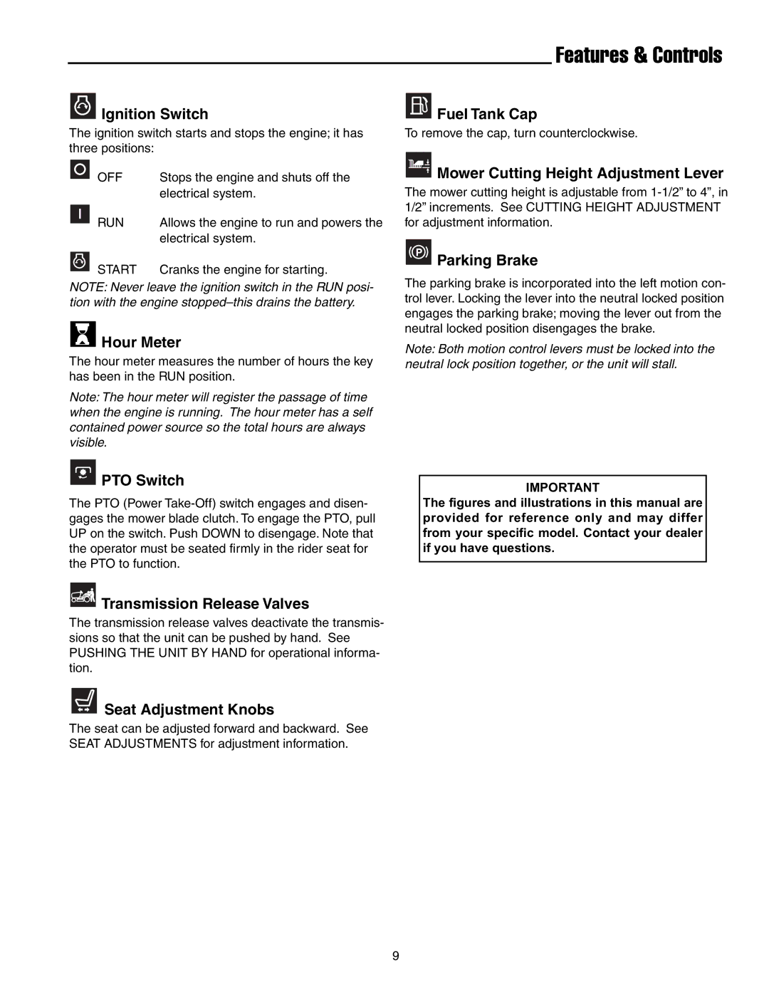 Snapper RZT22500BVE2, RZT20440BVE2 manual Features & Controls 