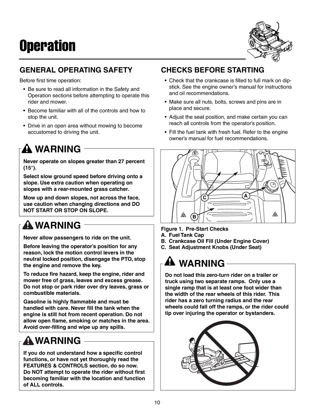 Snapper RZT20440BVE2, RZT22500BVE2 manual General Operating Safety, Checks Before Starting 