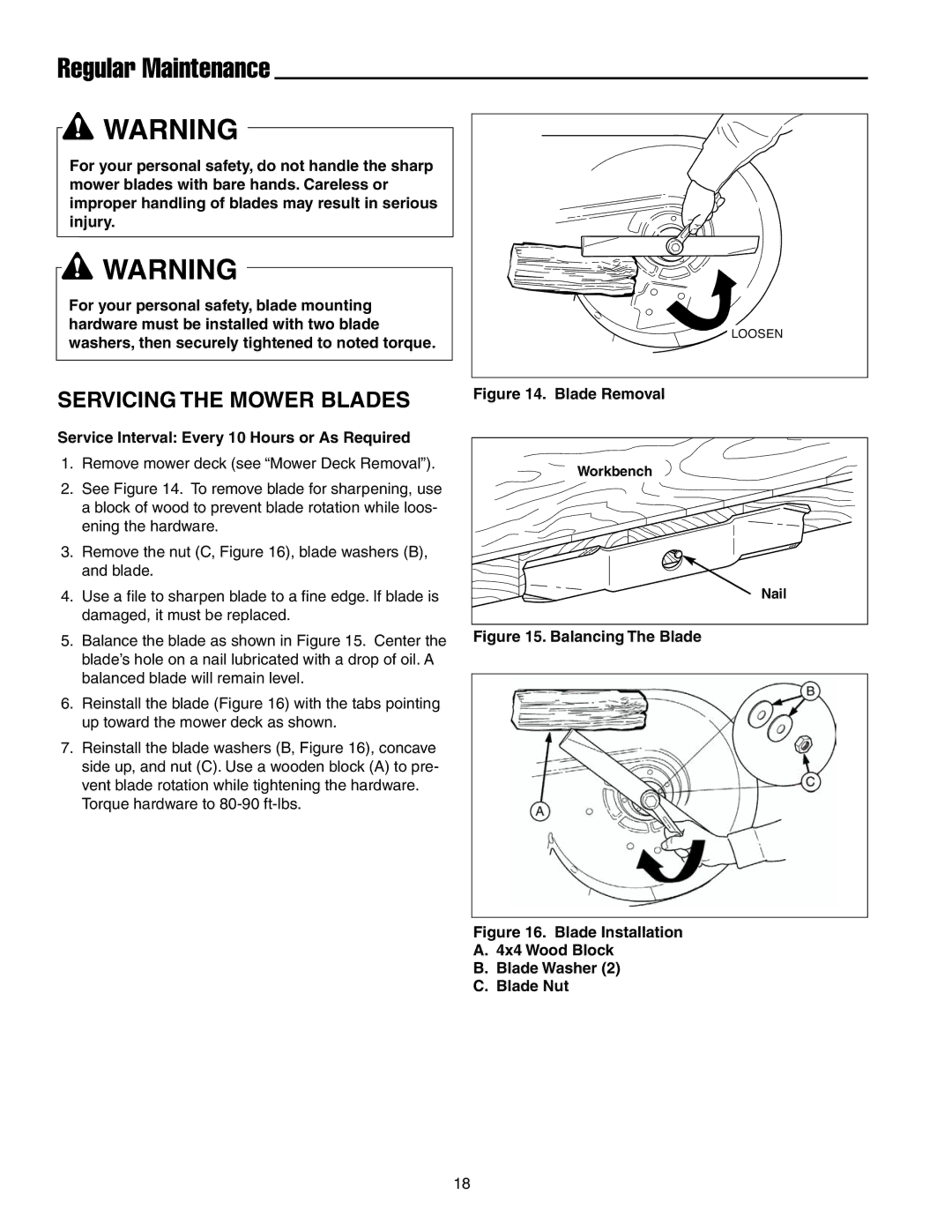 Snapper RZT20440BVE2, RZT22500BVE2 manual Servicing the Mower Blades, Service Interval Every 10 Hours or As Required 