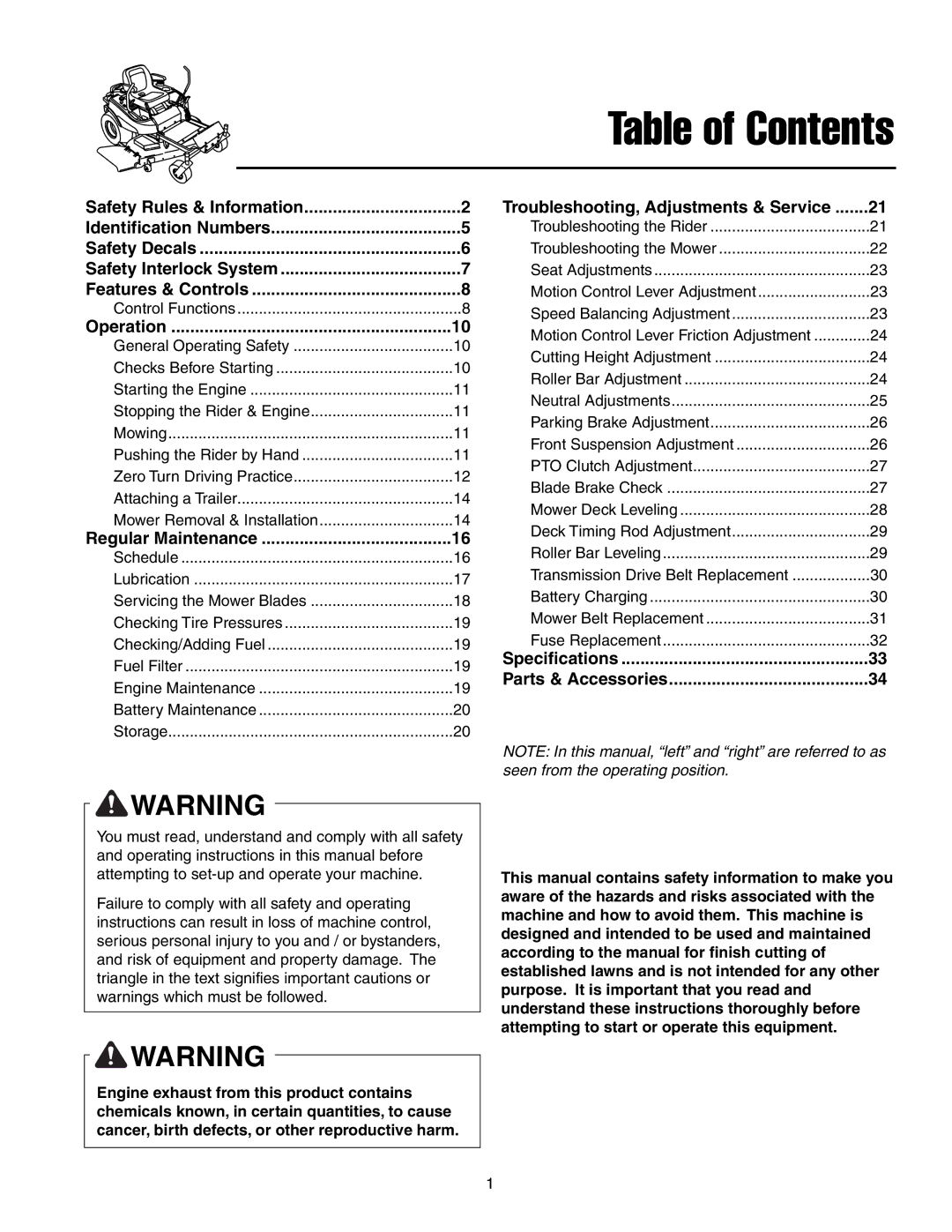 Snapper RZT22500BVE2, RZT20440BVE2 manual Table of Contents 