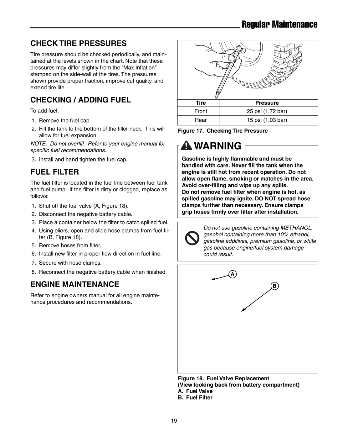 Snapper RZT22500BVE2, RZT20440BVE2 manual Check Tire Pressures, Checking / Adding Fuel, Fuel Filter, Engine Maintenance 