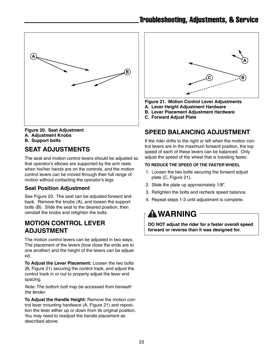 Snapper RZT22500BVE2, RZT20440BVE2 manual Seat Adjustments, Motion Control Lever Adjustment, Speed Balancing Adjustment 