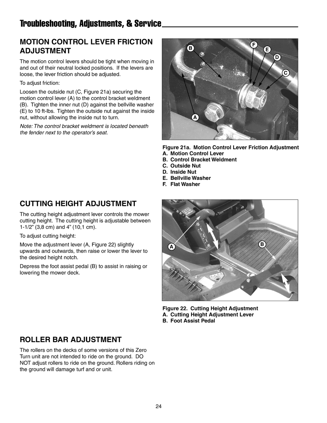 Snapper RZT20440BVE2 manual Motion Control Lever Friction Adjustment, Cutting Height Adjustment, Roller BAR Adjustment 