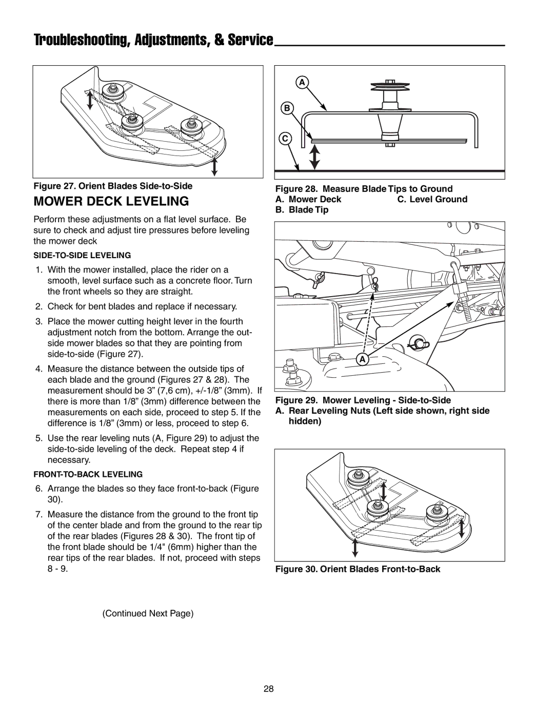 Snapper RZT20440BVE2, RZT22500BVE2 manual Mower Deck Leveling, Orient Blades Side-to-Side 