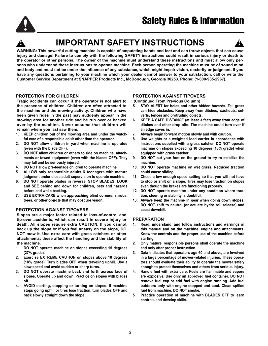 Snapper RZT20440BVE2, RZT22500BVE2 manual Safety Rules & Information 