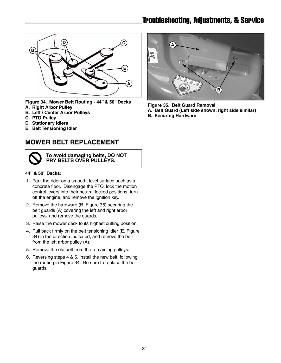 Snapper RZT22500BVE2, RZT20440BVE2 manual Mower Belt Replacement, PRY Belts Over Pulleys 