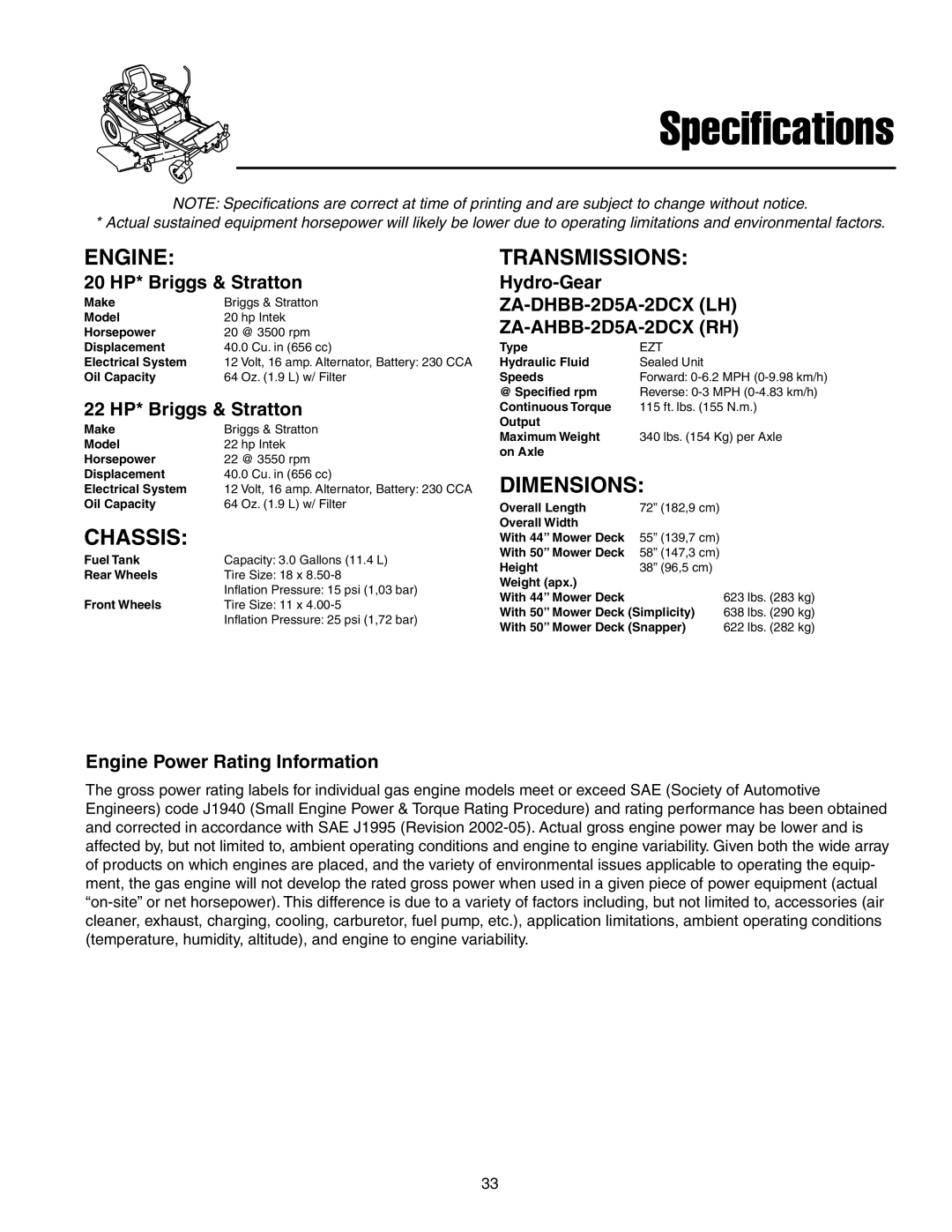 Snapper RZT22500BVE2, RZT20440BVE2 manual Engine, Chassis, Transmissions, Dimensions 