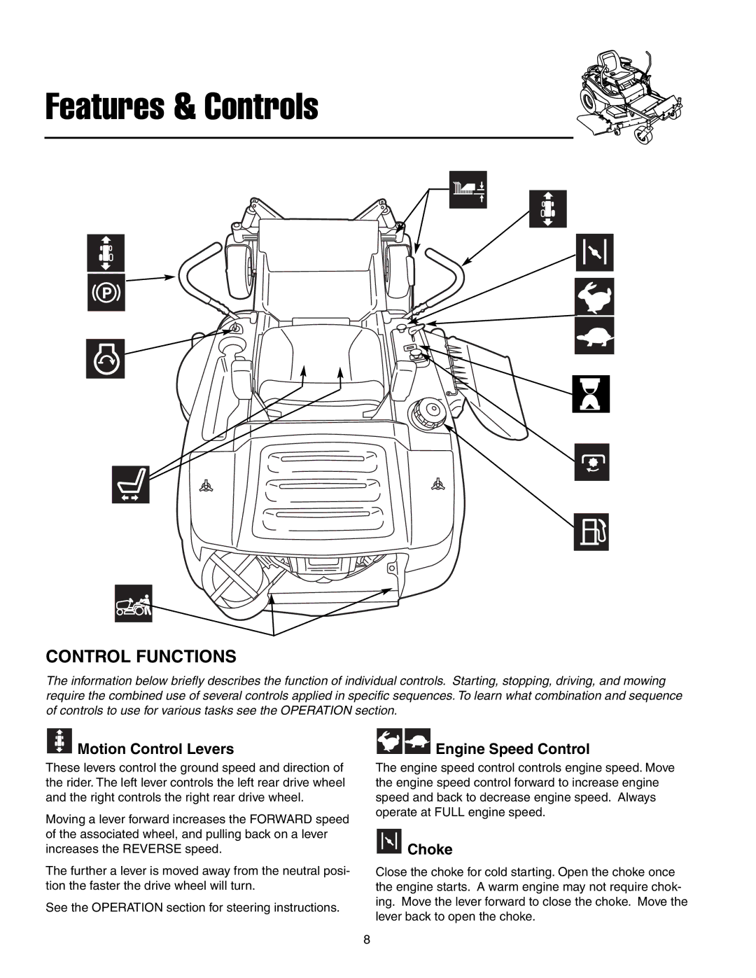 Snapper RZT20440BVE2, RZT22500BVE2 manual Control Functions, Motion Control Levers, Choke 