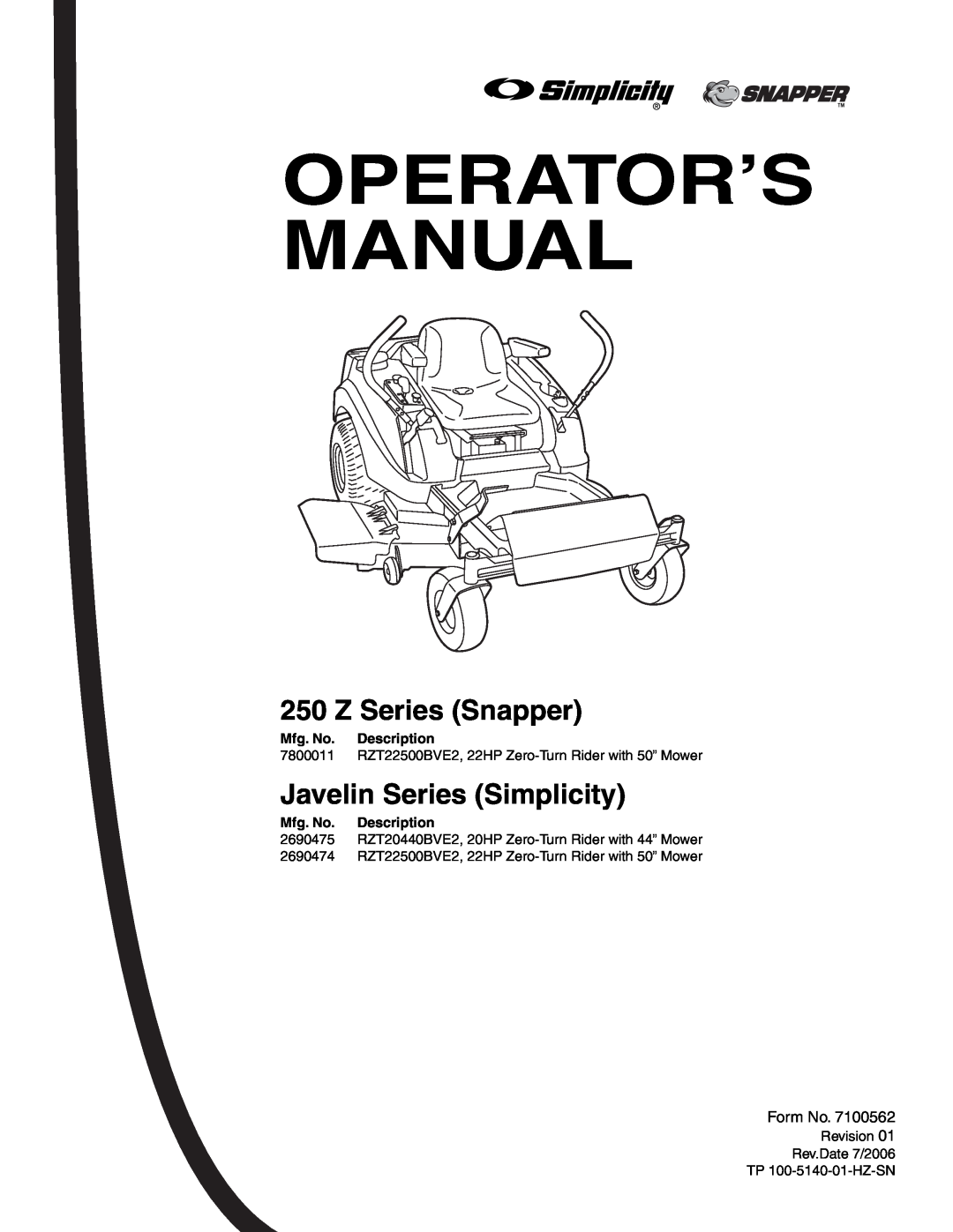 Snapper RZT20440BVE2 manual Z Series Snapper, Javelin Series Simplicity, Operator’S Manual, Mfg. No. Description 