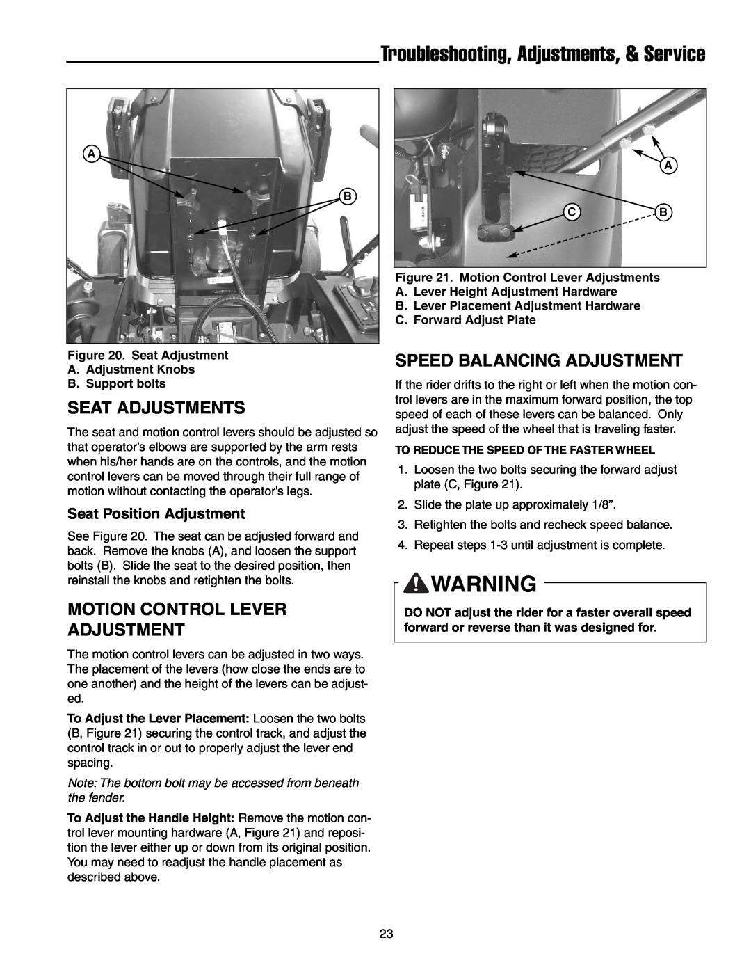 Snapper RZT22500BVE2 manual Troubleshooting, Adjustments, & Service, Seat Adjustments, Motion Control Lever Adjustment 