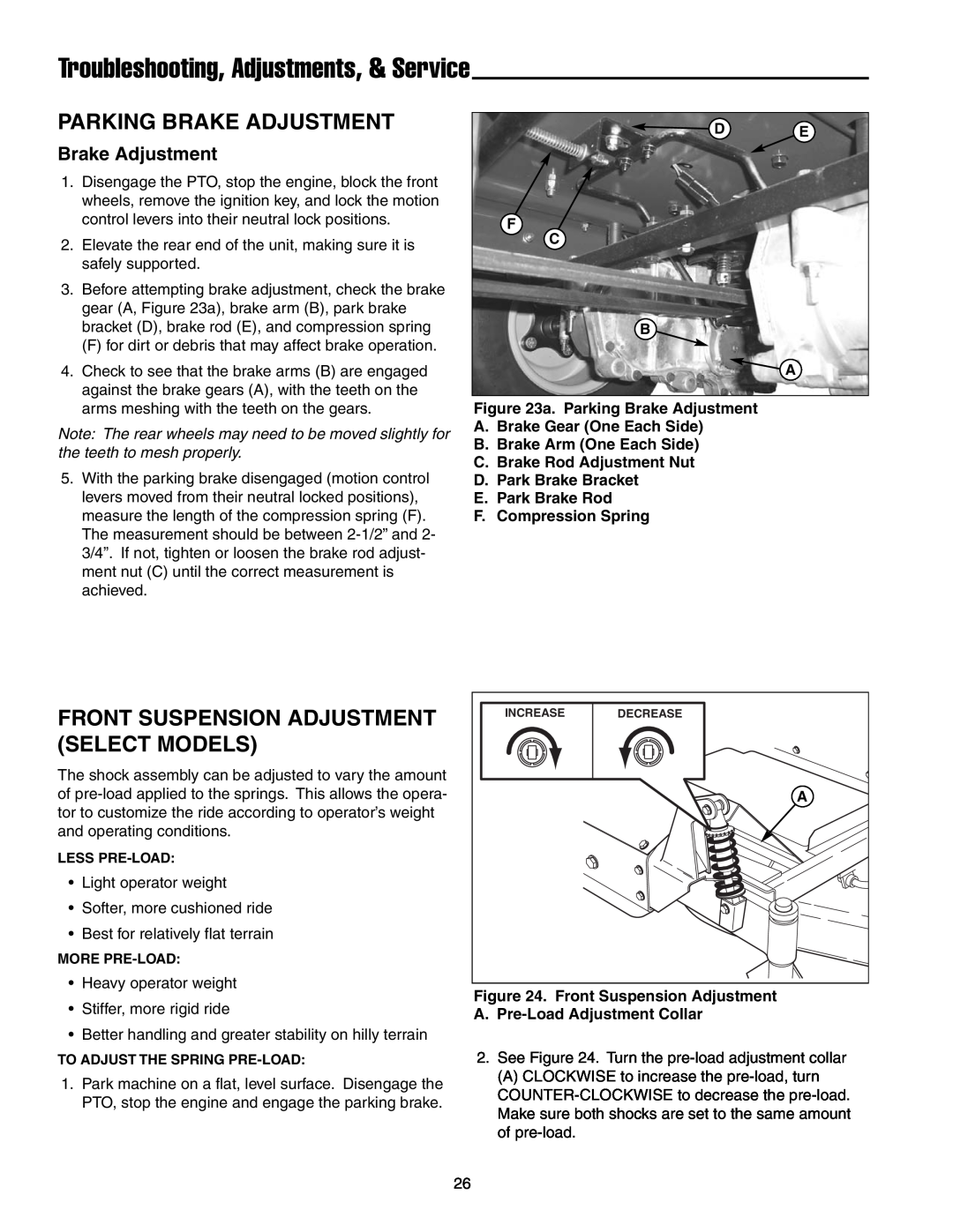 Snapper RZT20440BVE2 manual Parking Brake Adjustment, Front Suspension Adjustment Select Models, F. Compression Spring 
