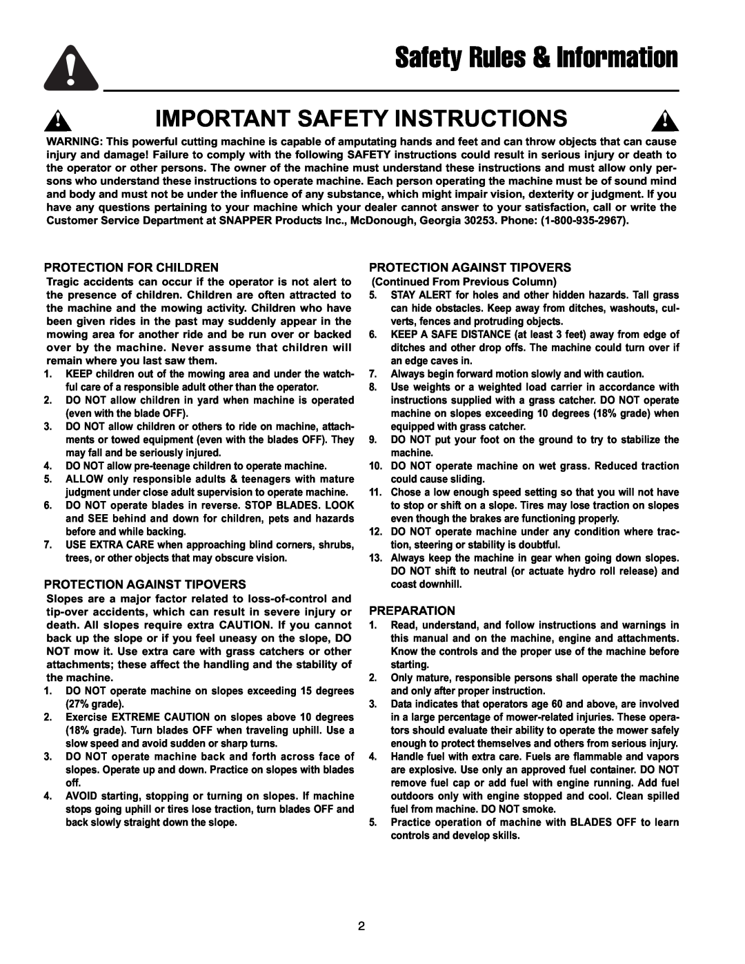 Snapper RZT20440BVE2 manual Safety Rules & Information, Important Safety Instructions, Protection For Children, Preparation 