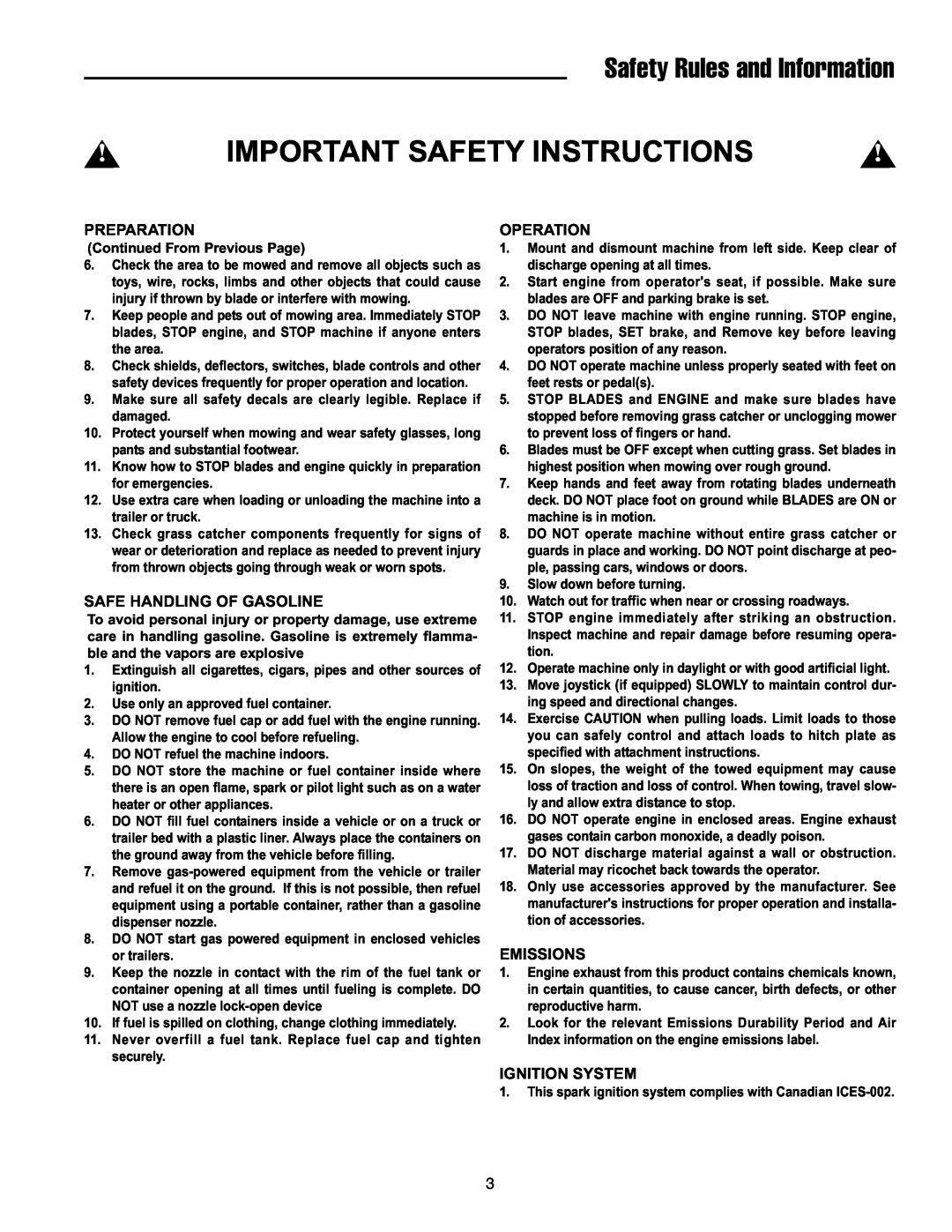 Snapper RZT22500BVE2 manual Safety Rules and Information, Safe Handling Of Gasoline, Operation, Emissions, Ignition System 