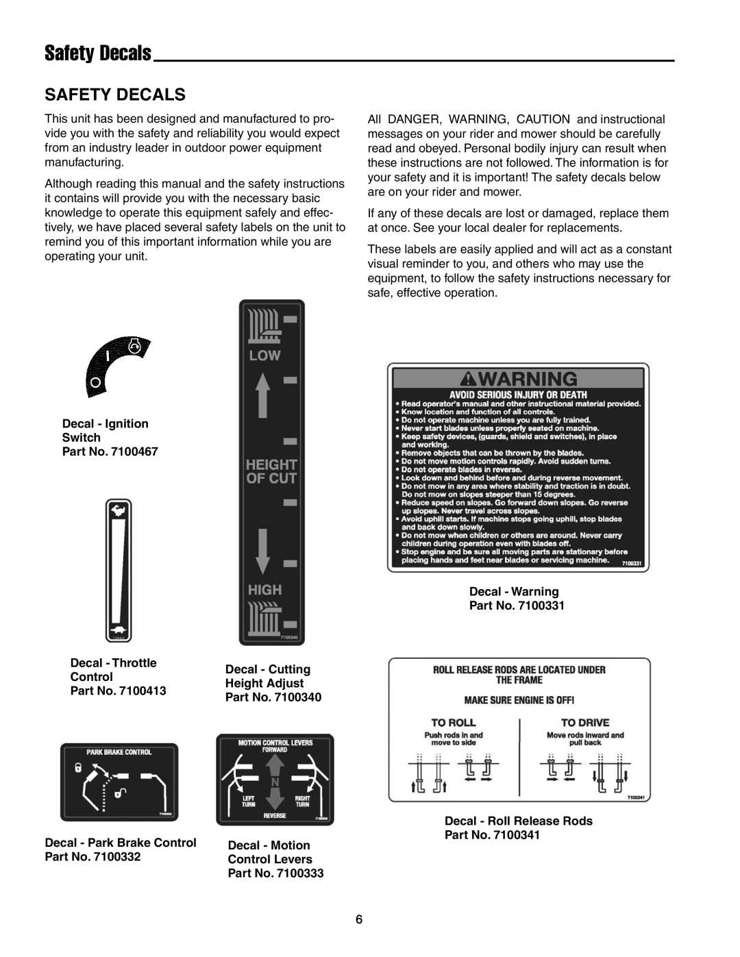 Snapper RZT20440BVE2 Safety Decals, Decal - Ignition Switch, Decal - Throttle Control, Decal - Park Brake Control Part No 