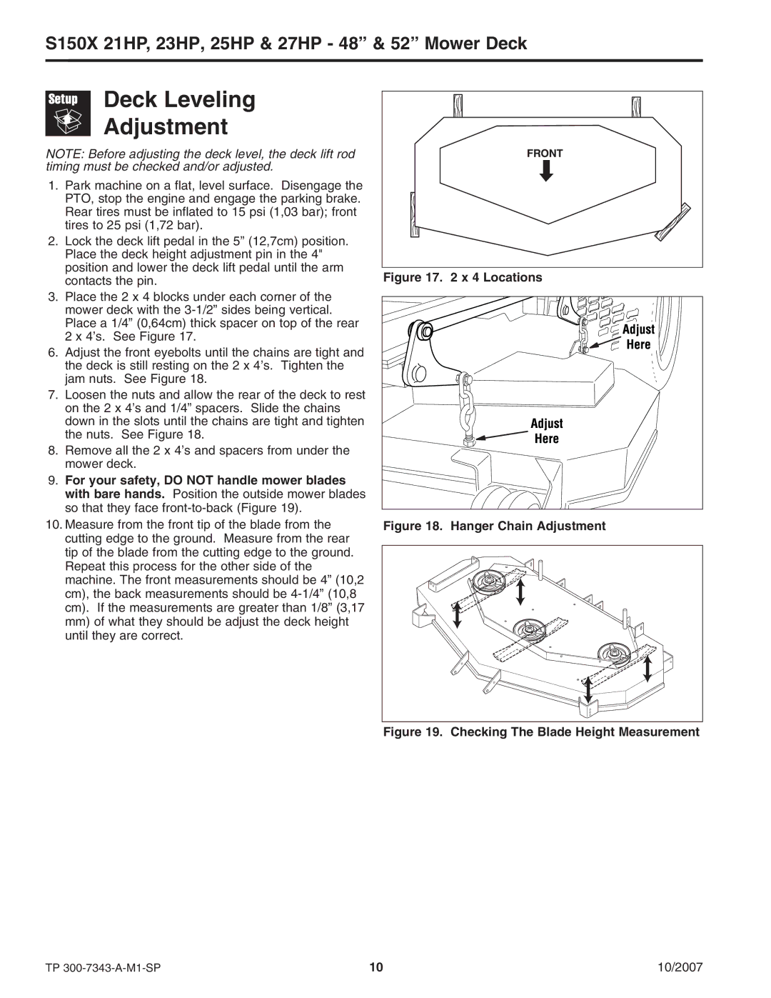 Snapper S150X manual Deck Leveling Adjustment, Locations 