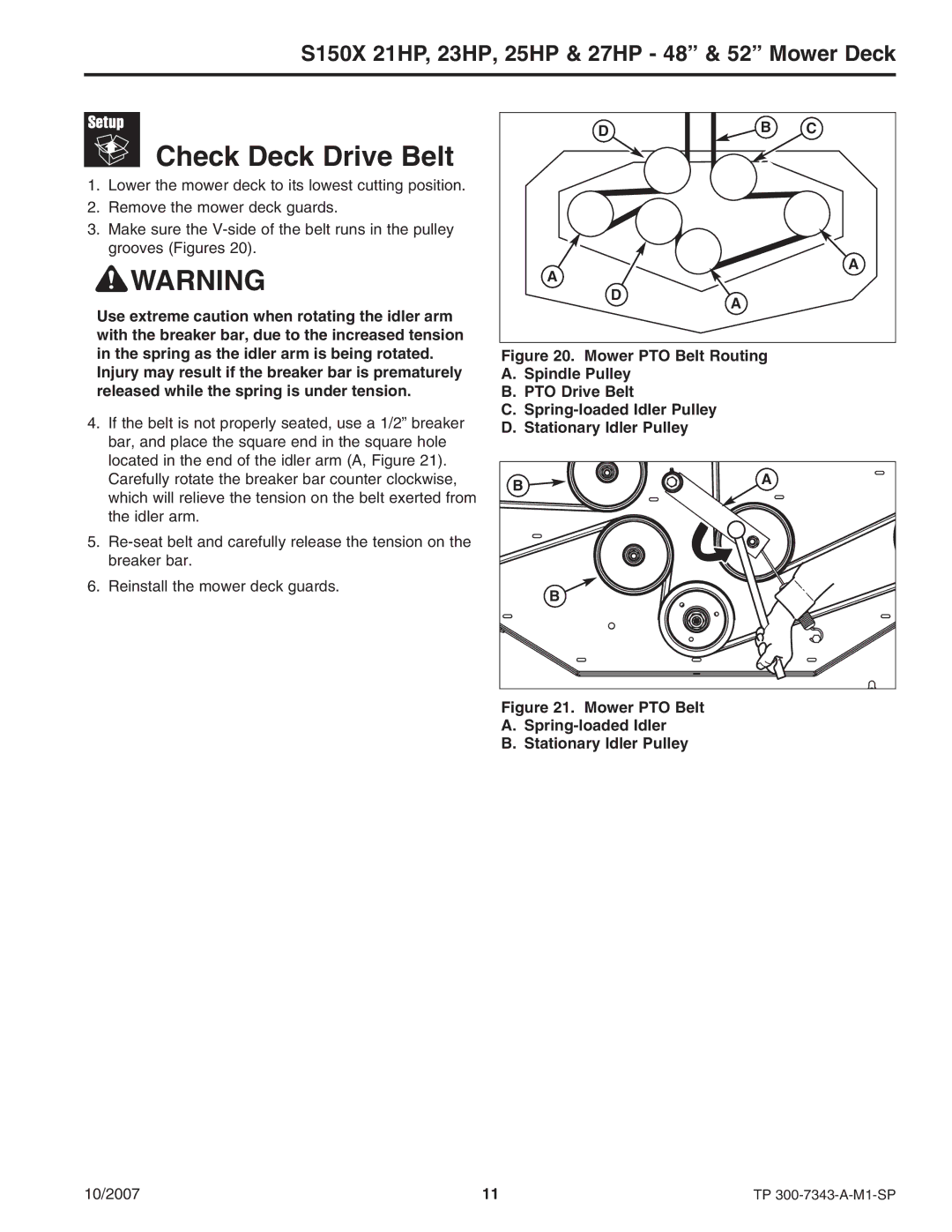 Snapper S150X manual Check Deck Drive Belt, Mower PTO Belt Spring-loaded Idler Stationary Idler Pulley 