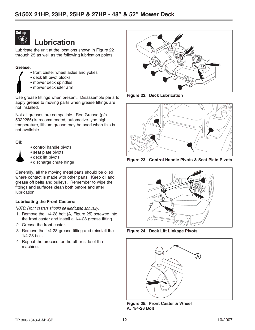 Snapper S150X manual Lubrication, Grease, Oil, Lubricating the Front Casters 