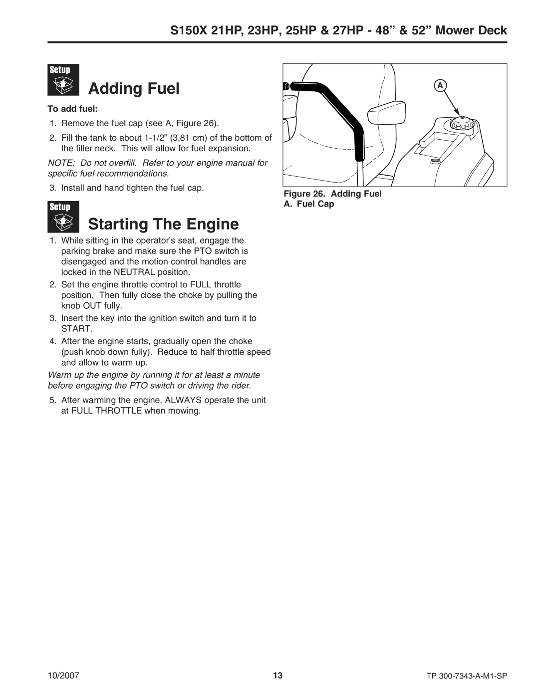 Snapper S150X manual Adding Fuel, Starting The Engine, To add fuel 