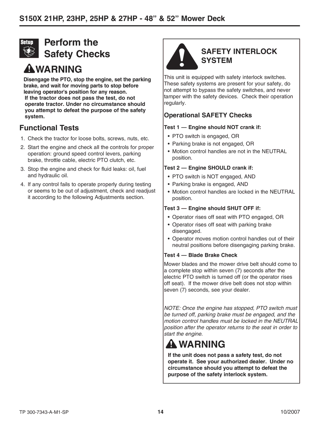 Snapper S150X manual Perform Safety Checks, Functional Tests 