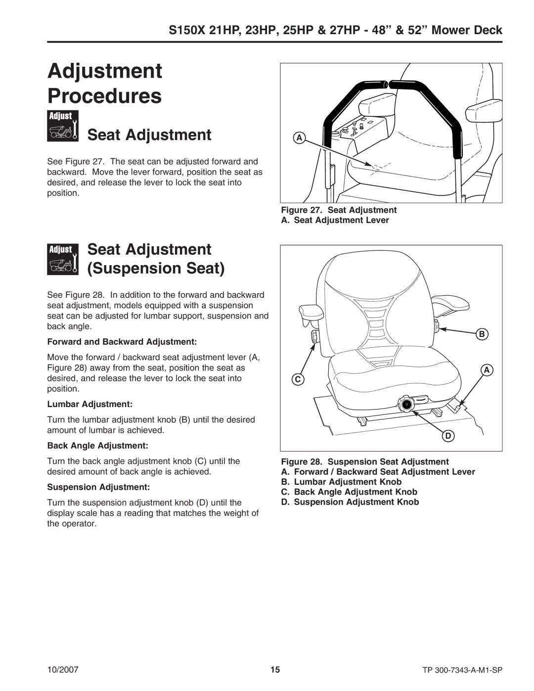 Snapper S150X manual Seat Adjustment Suspension Seat 