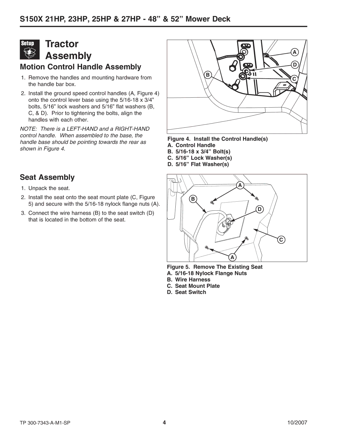 Snapper S150X manual Tractor Assembly, Motion Control Handle Assembly, Seat Assembly 