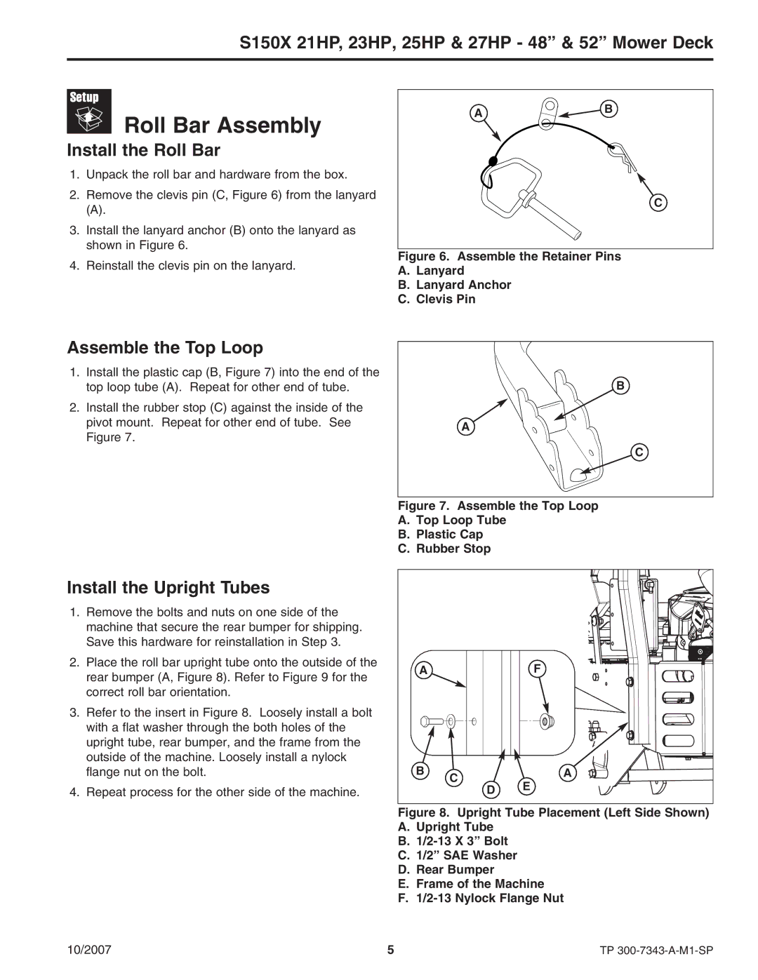 Snapper S150X manual Roll Bar Assembly, Install the Roll Bar, Assemble the Top Loop, Install the Upright Tubes 