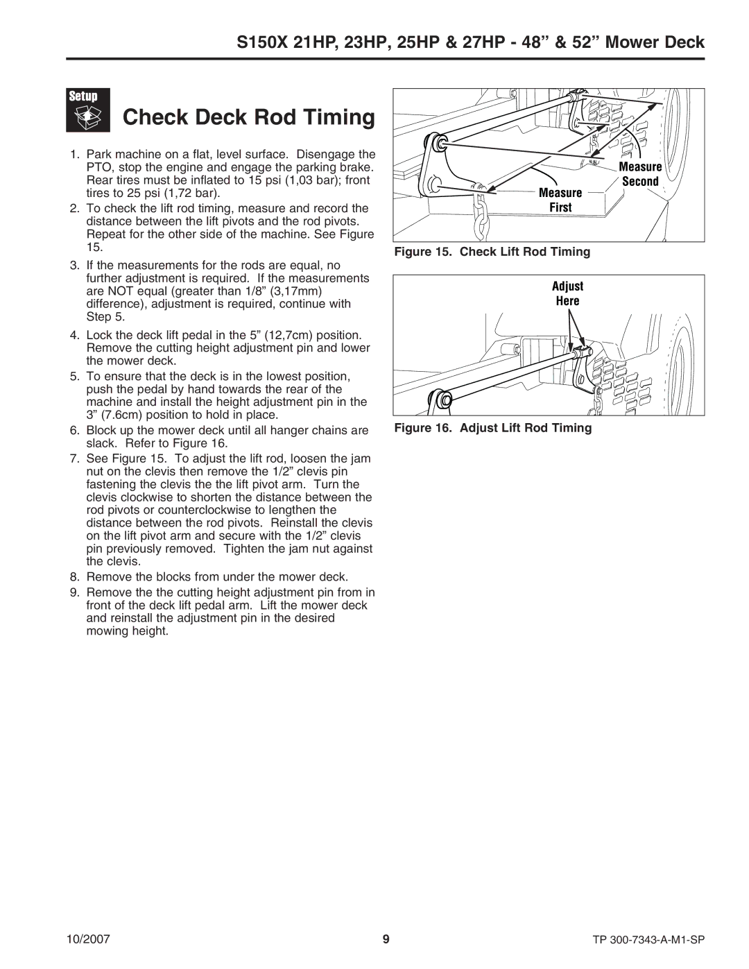 Snapper S150X manual Check Deck Rod Timing, Check Lift Rod Timing 