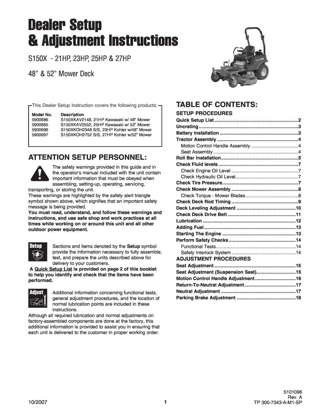 Snapper S150X manual Attention Setup Personnel, Table Of Contents, Dealer Setup Adjustment Instructions 