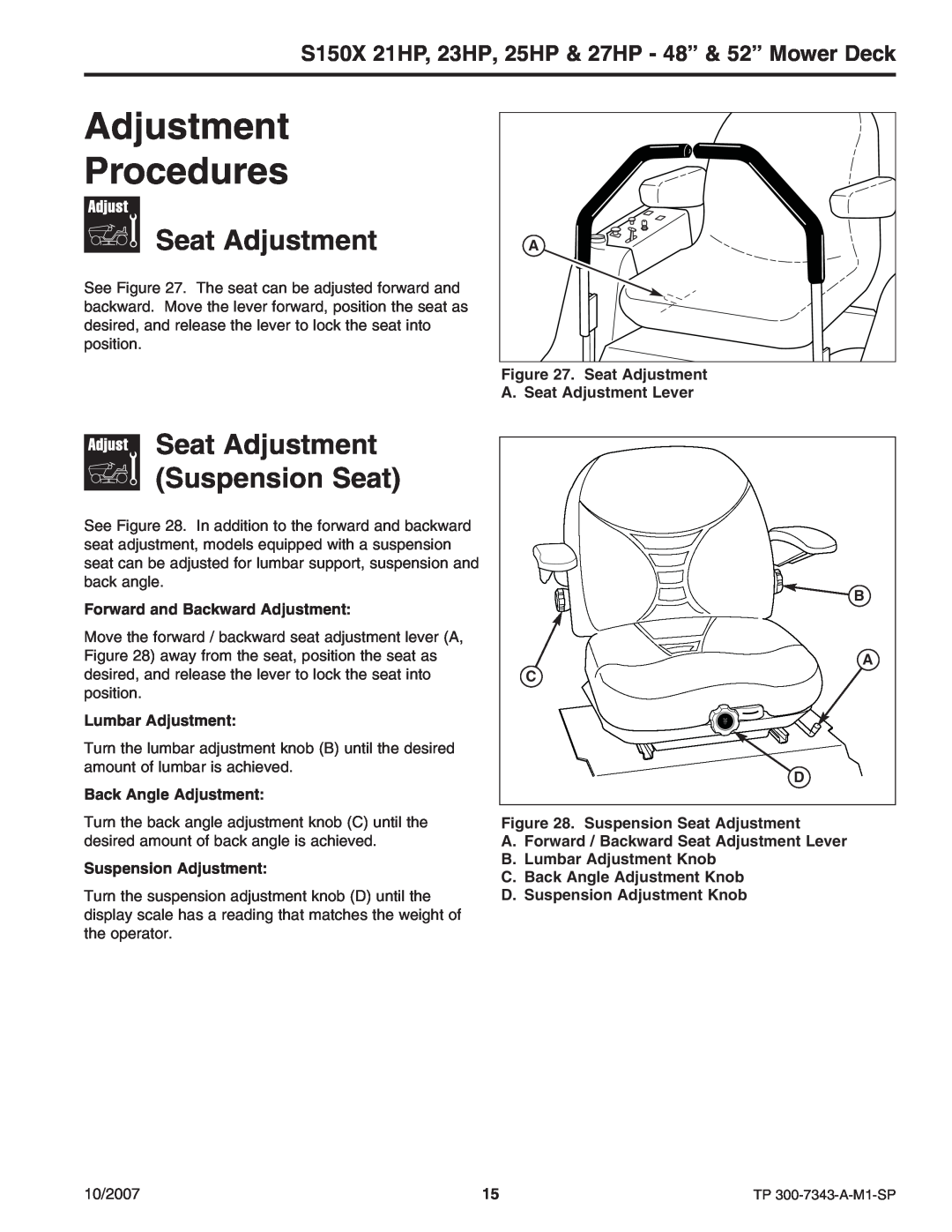Snapper S150X manual Seat Adjustment Suspension Seat, Adjustment Procedures 