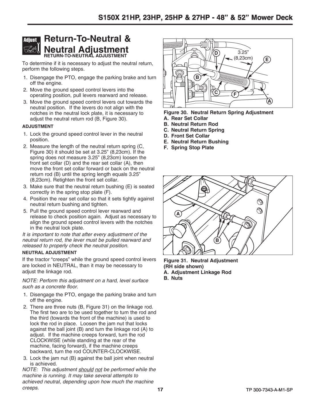 Snapper manual Return-To-Neutral & Neutral Adjustment, S150X 21HP, 23HP, 25HP & 27HP - 48” & 52” Mower Deck, 8,23cm 