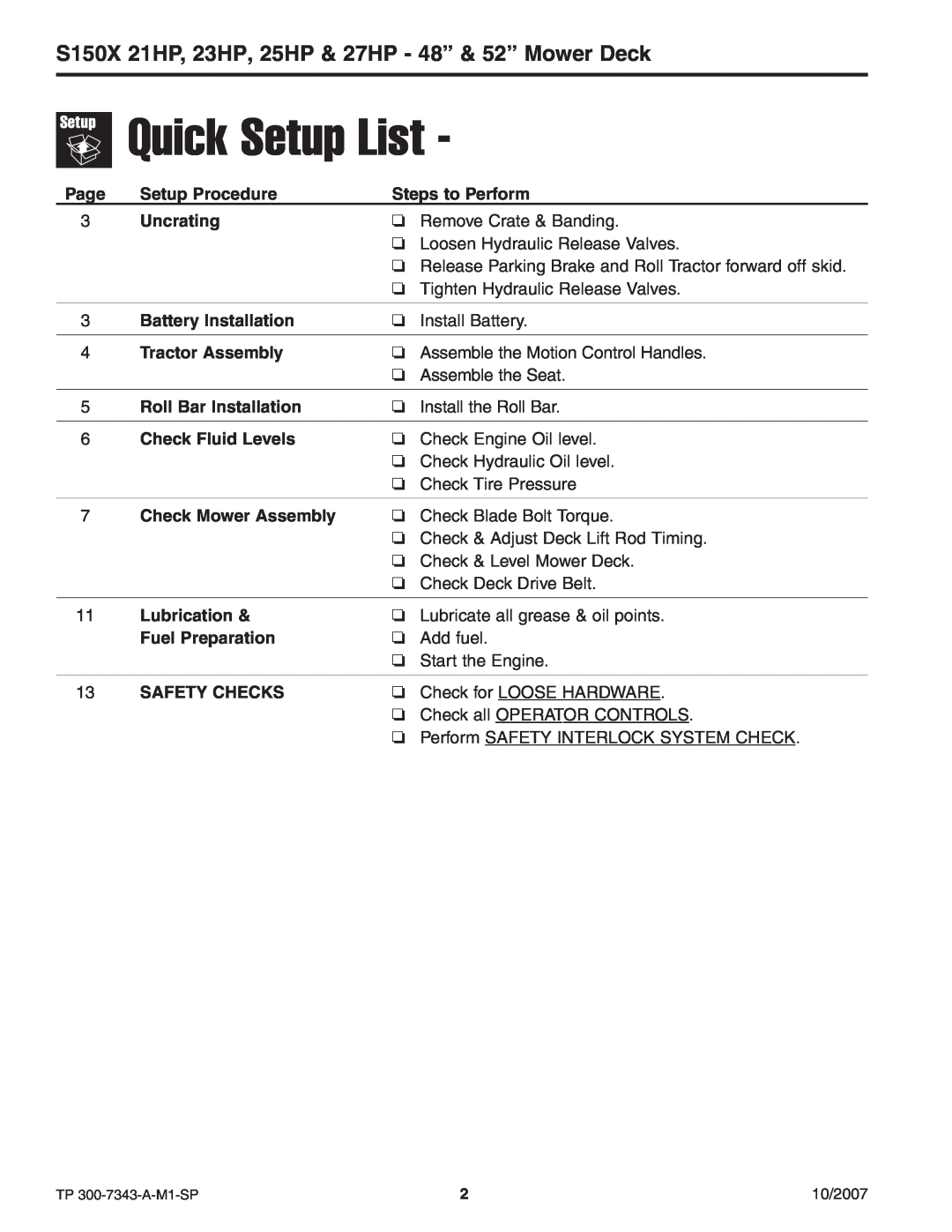 Snapper manual S150X 21HP, 23HP, 25HP & 27HP - 48” & 52” Mower Deck, Quick Setup List 