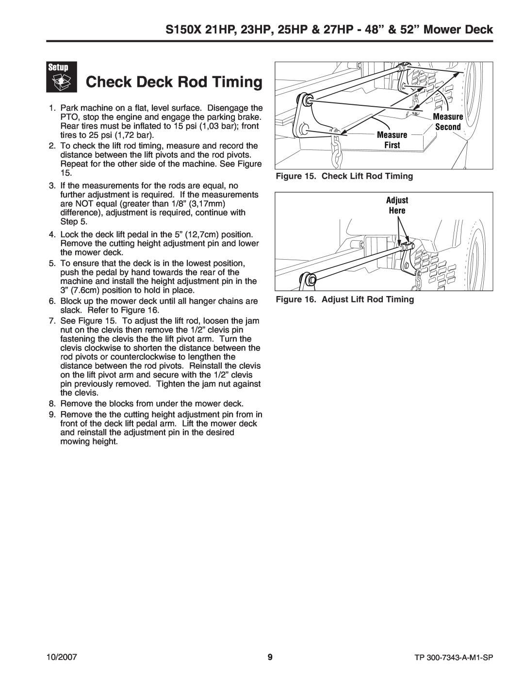 Snapper manual Check Deck Rod Timing, S150X 21HP, 23HP, 25HP & 27HP - 48” & 52” Mower Deck 