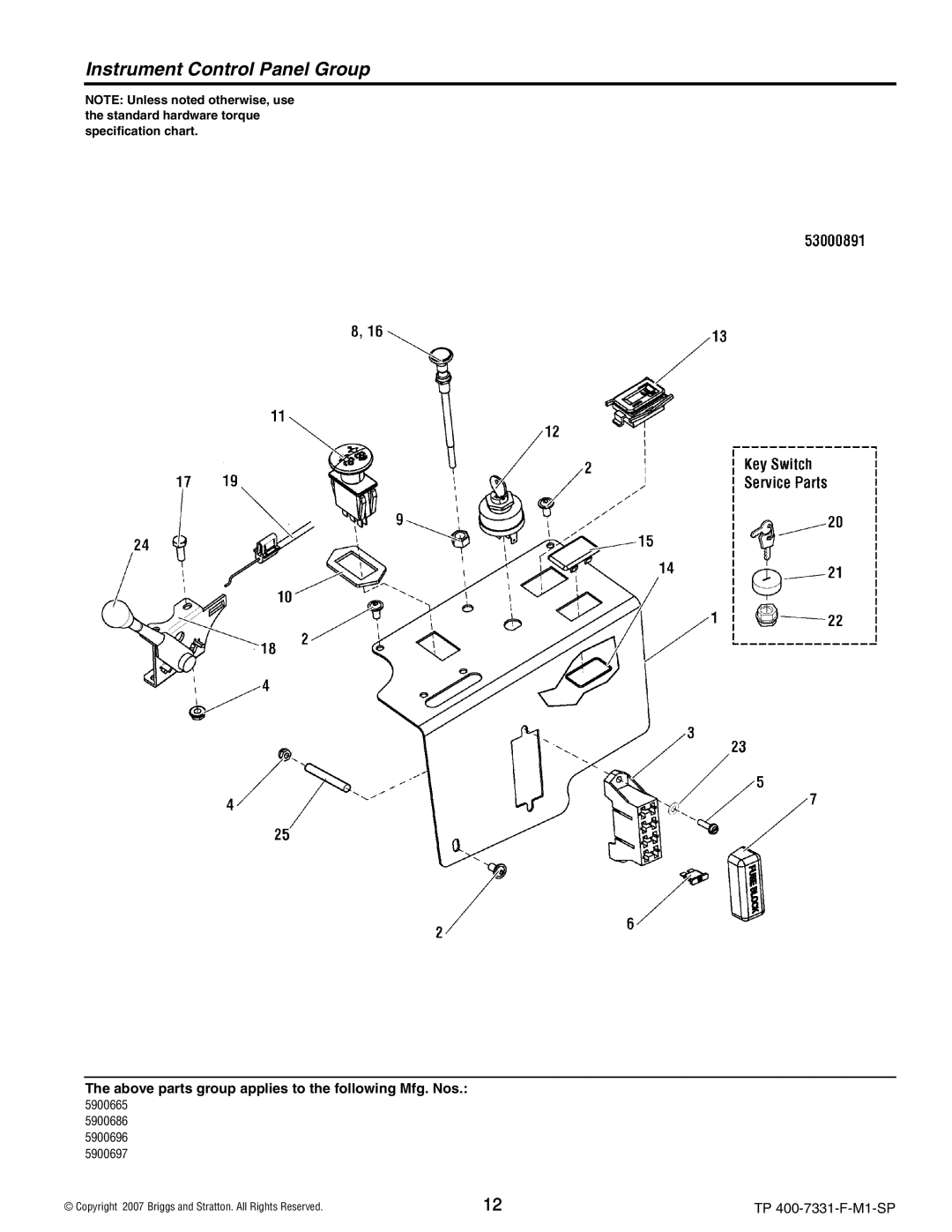 Snapper S150XKOH2752, S150XKAV2148, S150XKAV2552, S150XK0H2348 manual Instrument Control Panel Group 